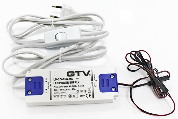 картинка Трансформатор LED 18мм 30W DC12V с проводом,выключателем,сетев.шнуром LD-SZA30W-MA*** от магазина комплектующих для производства мебели "Панорама"
