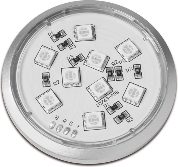 картинка Светодиод.св-к Tavira круглый, 9 диодов RGB SMD5050 1,8W, 12V с кабелем и разъемом LD-TO18W-RGB***  от магазина комплектующих для производства мебели "Панорама"